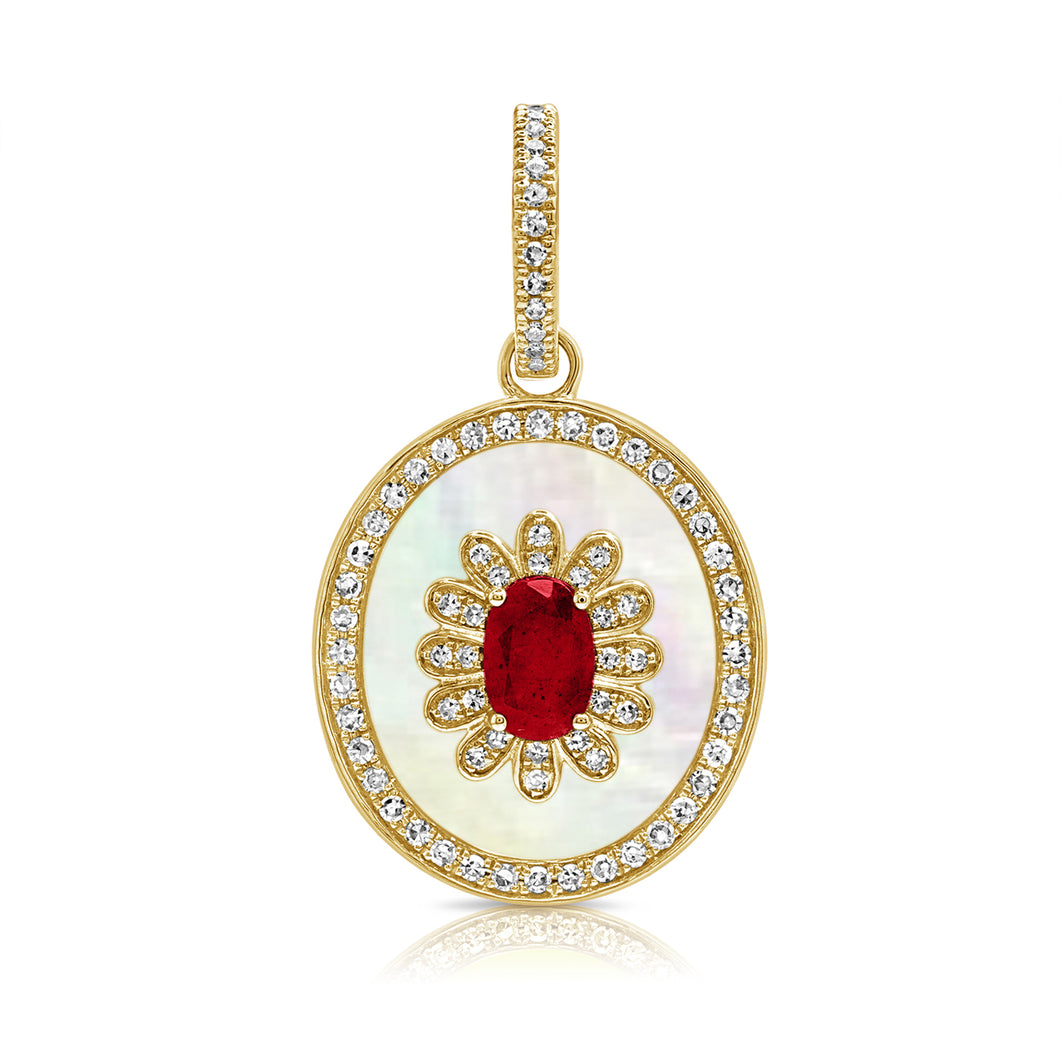 14K Yellow Gold Diamond Mother of Pearl Oval Ruby Charm