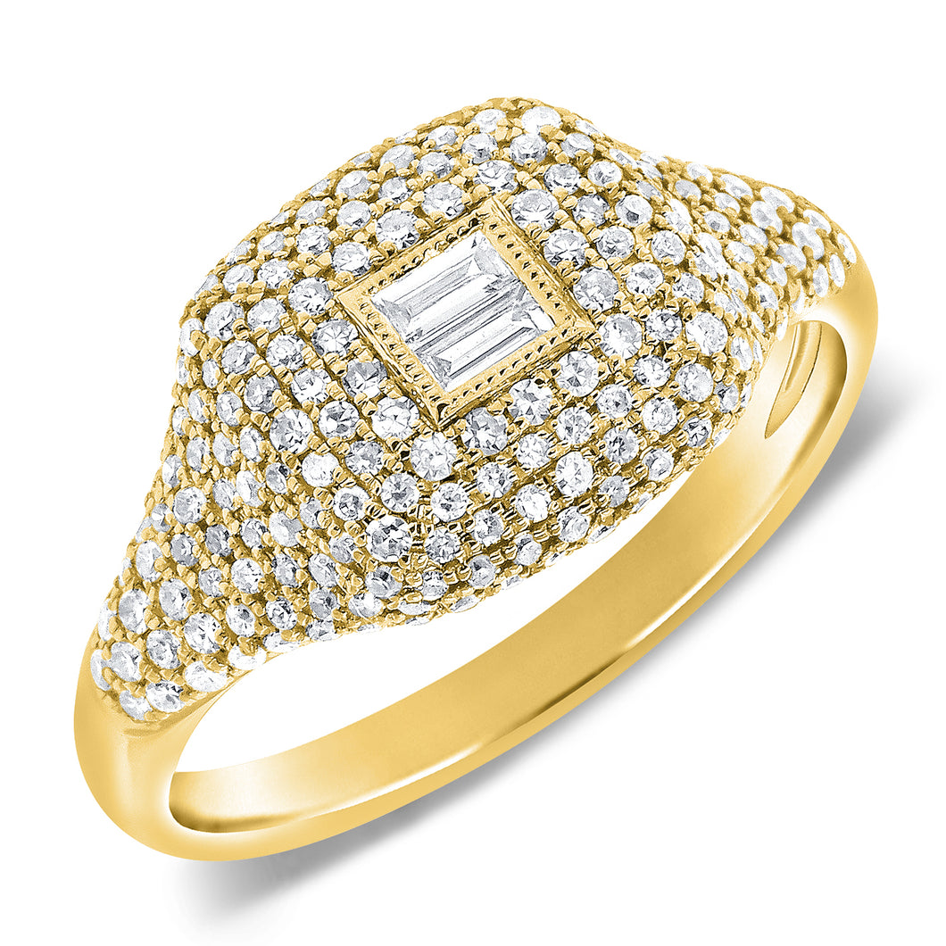 14K Gold Diamond with Emerald Cut Diamond Pinky Signet Ring