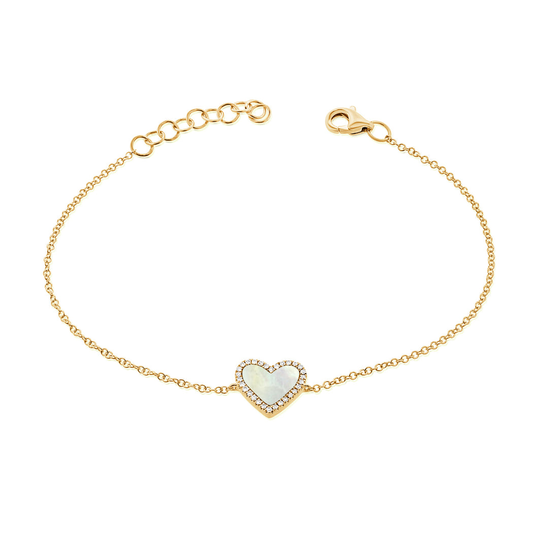 14K Gold Mother of Pearl Heart and Diamond Bracelet
