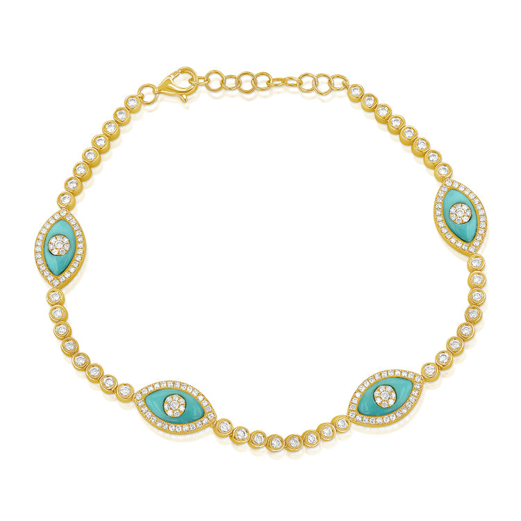 14K Gold Diamond Evil Eye Turquoise Bracelet