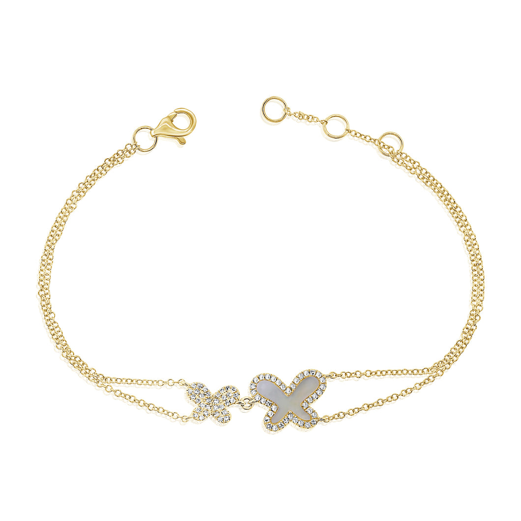 14k Yellow Gold Diamond Mother of Pearl Butterfly Bracelet