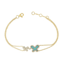Load image into Gallery viewer, 14K Yellow Gold Diamond Turquoise Double  Butterfly Bracelet
