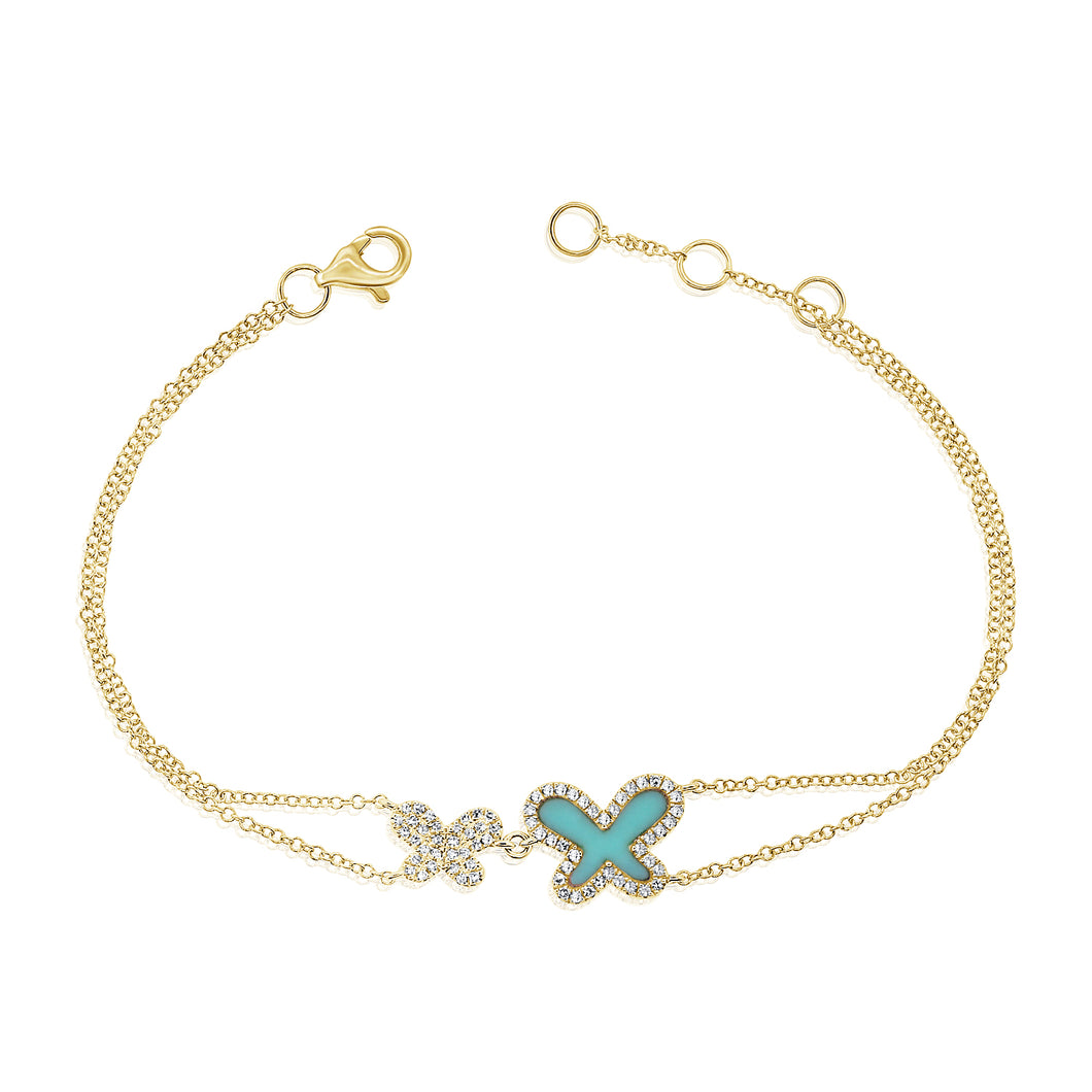 14K Yellow Gold Diamond Turquoise Double  Butterfly Bracelet