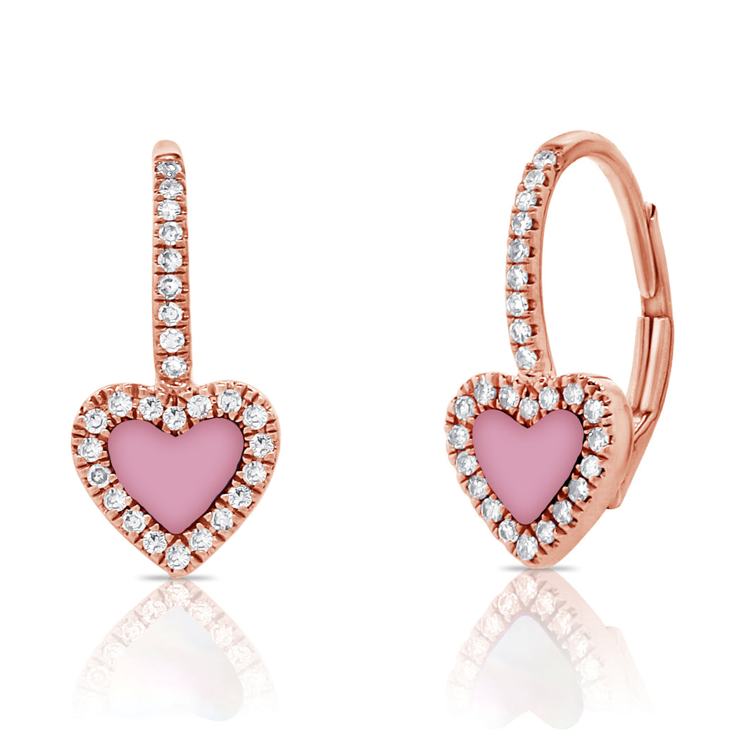 14K Gold Diamond Pink Opal Heart Huggie