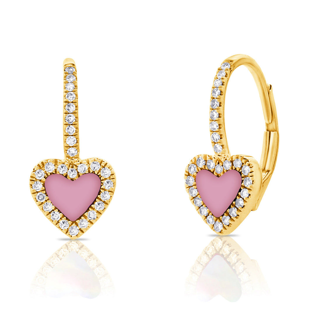 14K Gold Diamond Pink Opal Heart Huggie