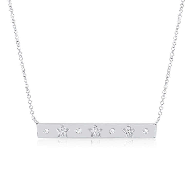14K Gold Bar Necklace with Diamond Stars