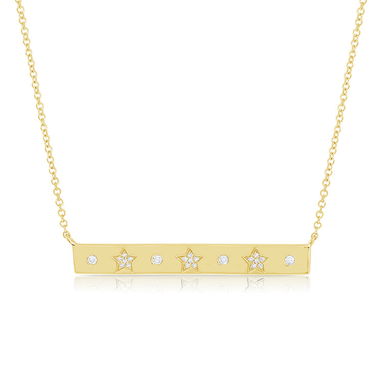 14K Gold Bar Necklace with Diamond Stars