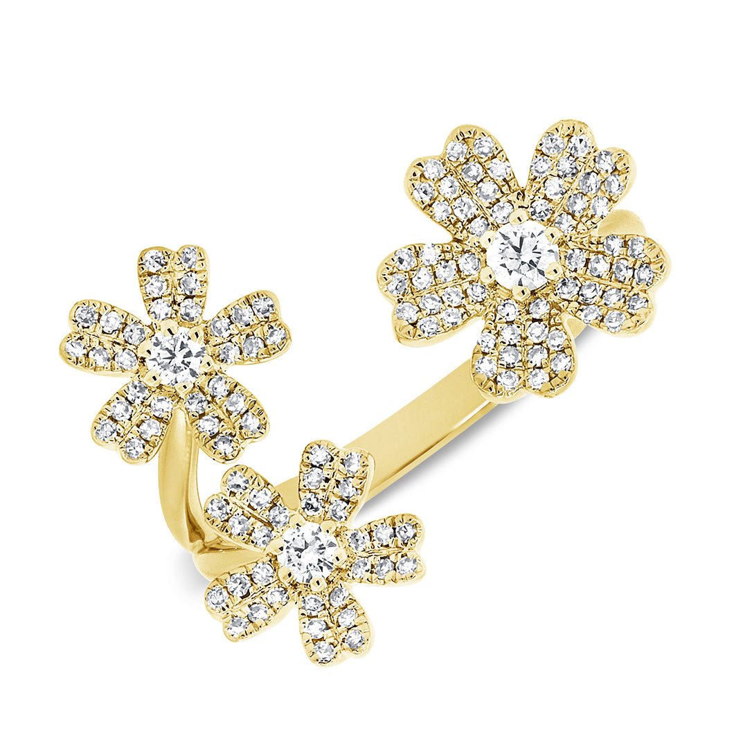 14K Gold Diamond Triple Flower Open Ring