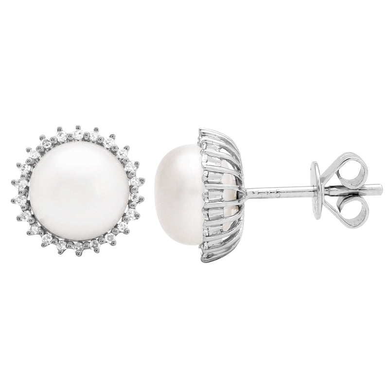 14K White Gold Pearl Diamond Stud Earrings