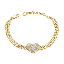 Load image into Gallery viewer, 14K Yellow Gold Diamond Heart Cuban Chain Bracelet
