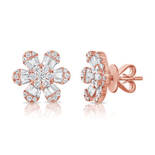 Load image into Gallery viewer, 14K Gold Baguette Diamond Flower Studs
