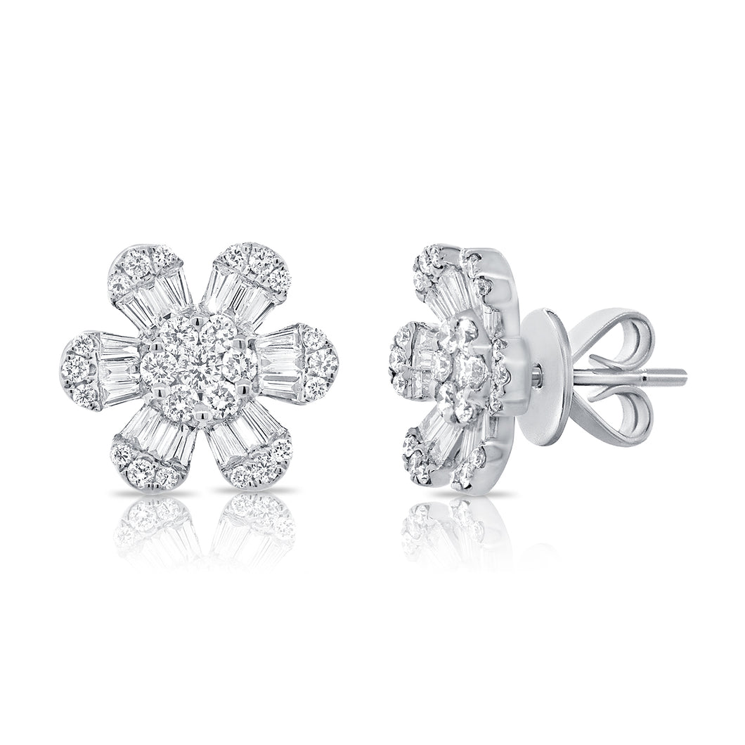 14K Gold Baguette Diamond Flower Studs