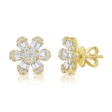 Load image into Gallery viewer, 14K Gold Baguette Diamond Flower Studs
