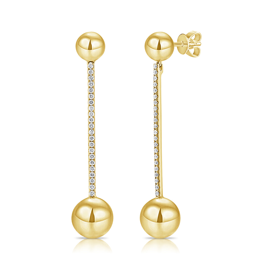 14K Yellow Gold Ball Diamond Stick Earrings