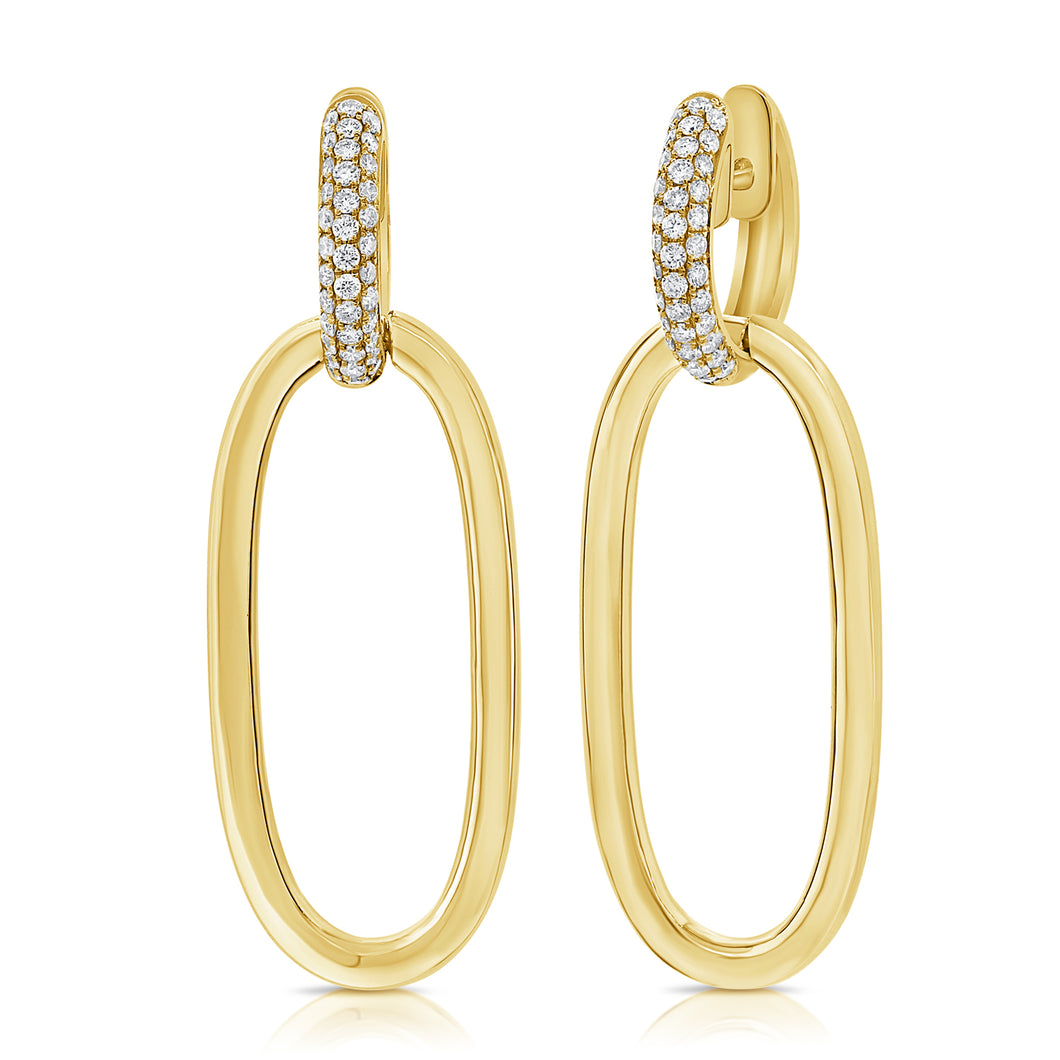 14K Yellow Gold Diamond Clasp Oval Drop Earrings