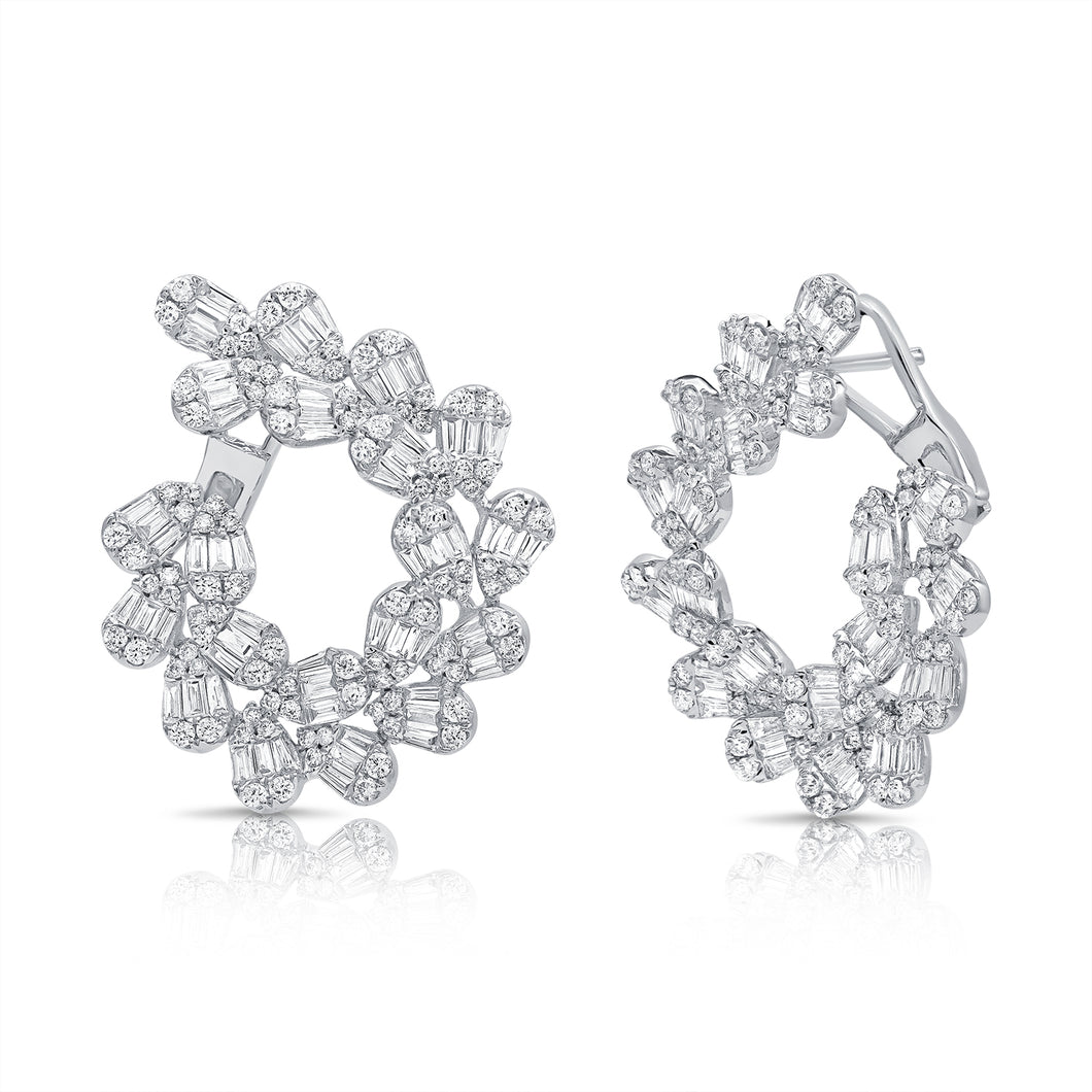 14K White Gold Diamond Baguette Double Scoop Earrings