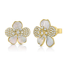 Load image into Gallery viewer, 14K Yellow Gold Diamond Mother of Pearl Flower Studs
