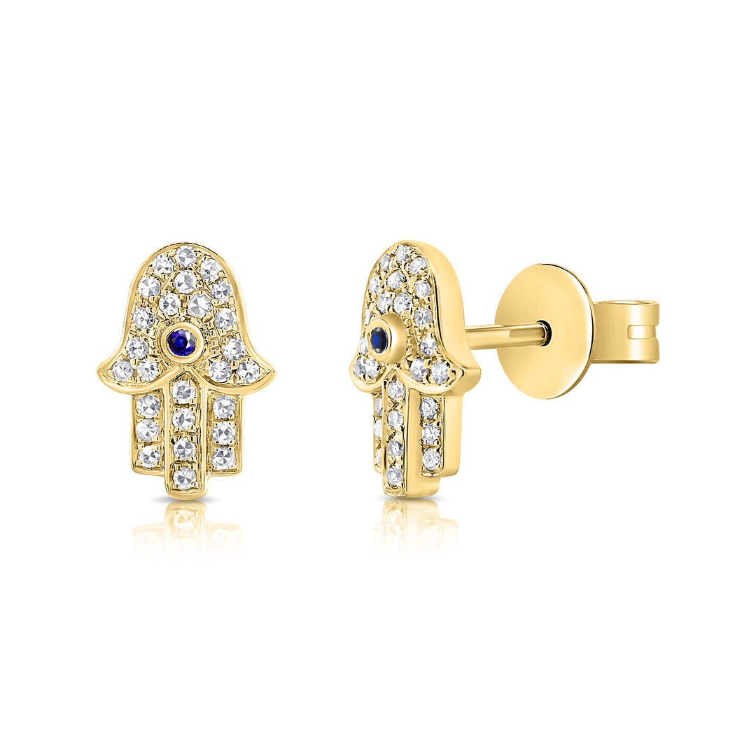 14K Yellow Gold Diamond with Blue Sapphire Hamsa Studs