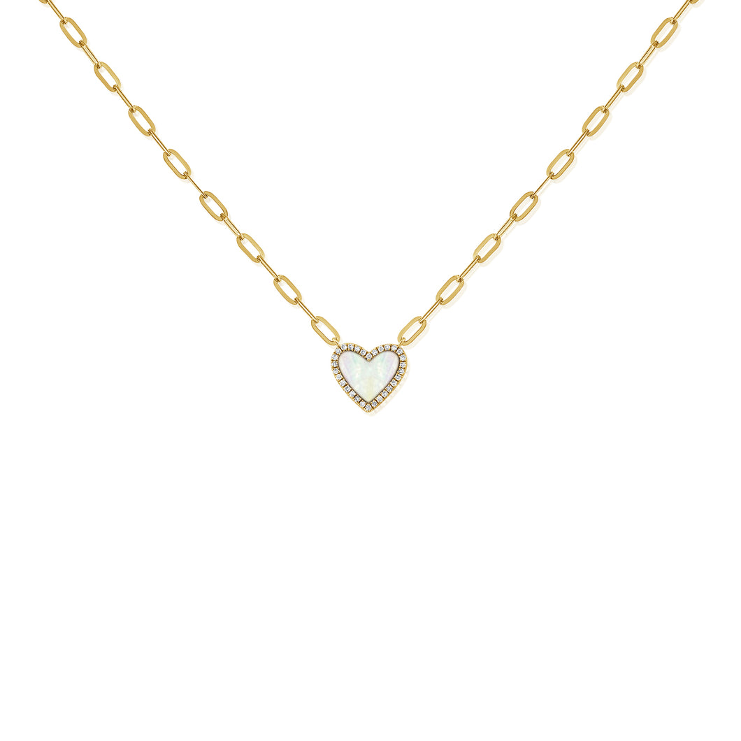 14K Yellow Gold Paperclip Mother of Pearl Heart Necklace