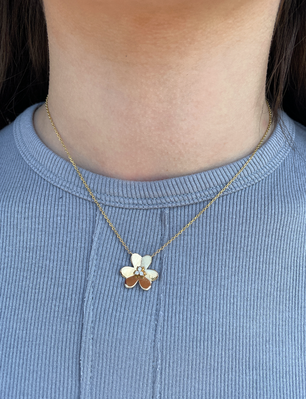 14K Yellow Gold Flower Necklace With Center Diamonds