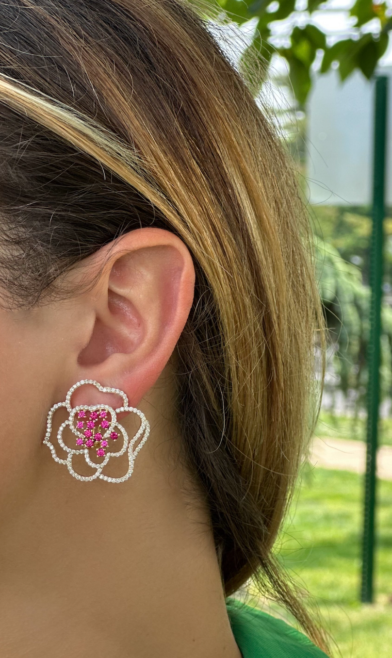 14K Yellow Gold Diamond and Pink Sapphire Large Flower Earrings