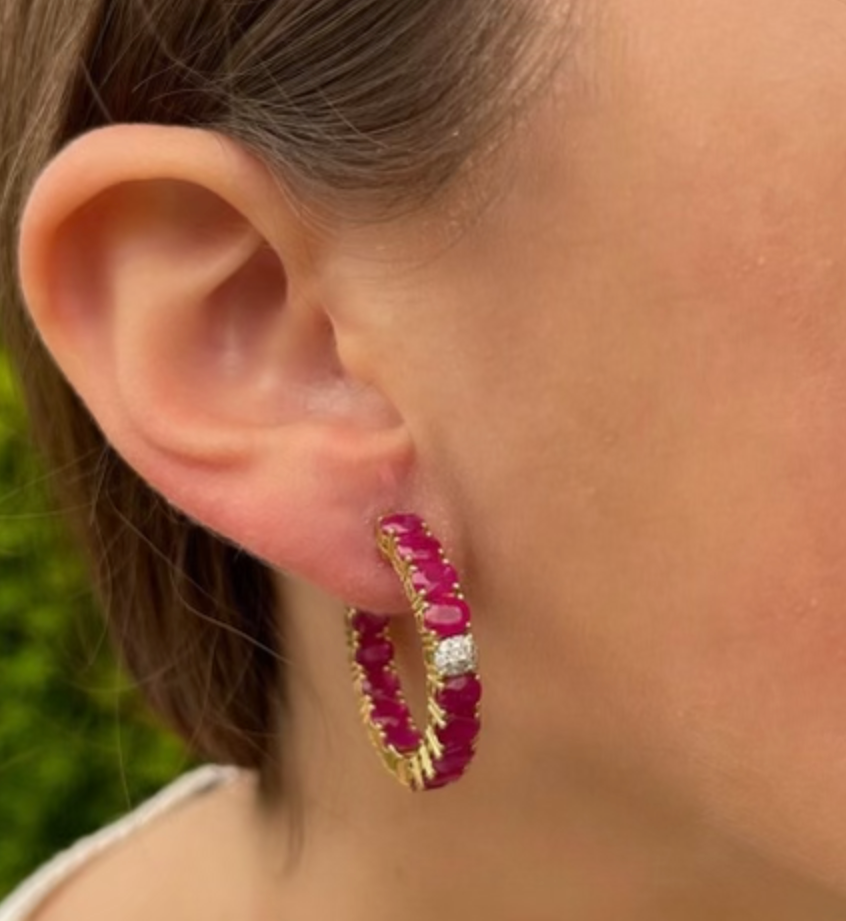 18K Yellow Gold Ruby and Diamond Hoop Earrings