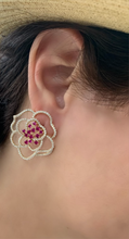 Load image into Gallery viewer, 14K Yellow Gold Diamond and Pink Sapphire Large Flower Earrings
