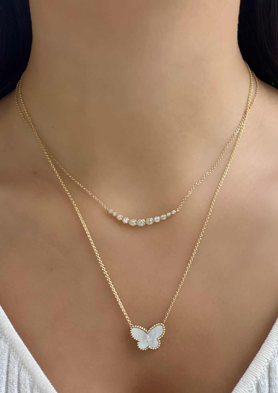 14K Yellow Gold Butterfly Necklace With Center Diamonds
