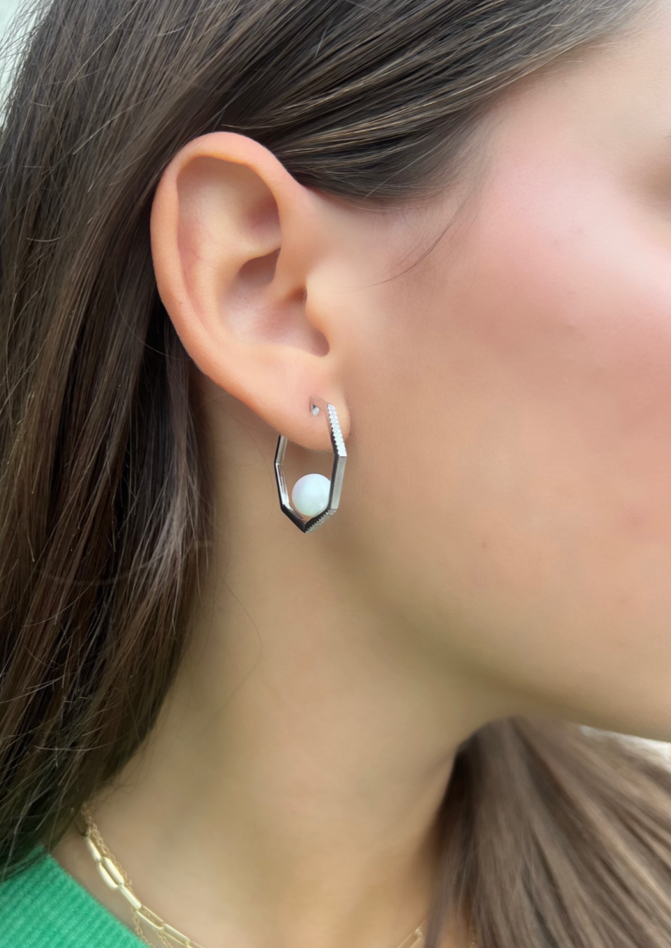 14K White Gold Hexagon Hoop with Pearl Earrings