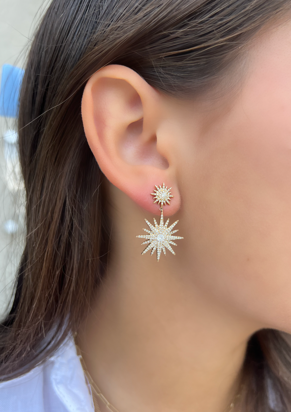 14K Yellow Gold Starburst Hanging Stud Earrings