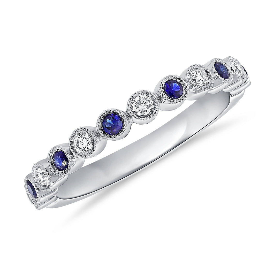 14K White Gold Diamond And Sapphire Ring with Textured Band