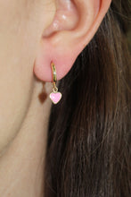 Load image into Gallery viewer, 14K Yellow Gold Hanging Pink Enamel Heart Huggie
