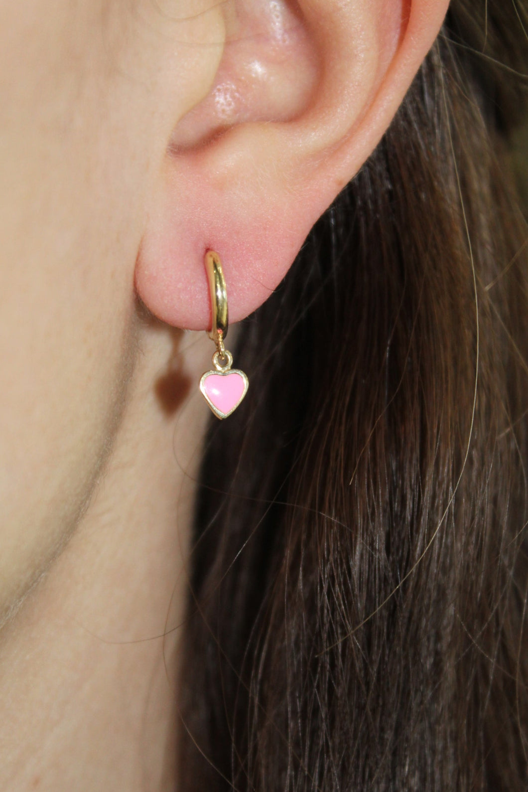 14K Yellow Gold Hanging Pink Enamel Heart Huggie