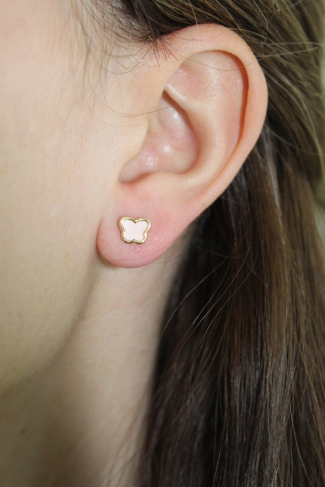 14K Yellow Gold Pink Enamel Butterfly Kids Screwback Studs