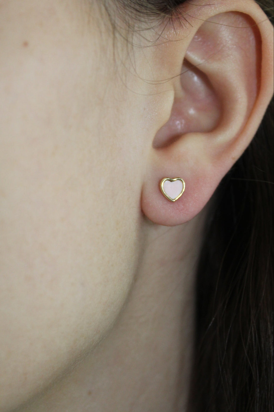 14K Yellow Gold Pink Enamel Heart Kids Screwback Studs
