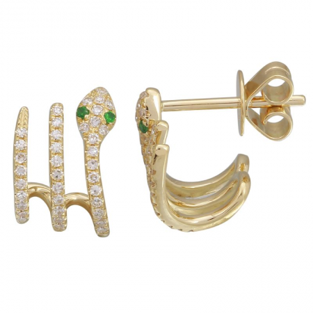14K Gold Diamond Snake Stud Earrings With Green Eye