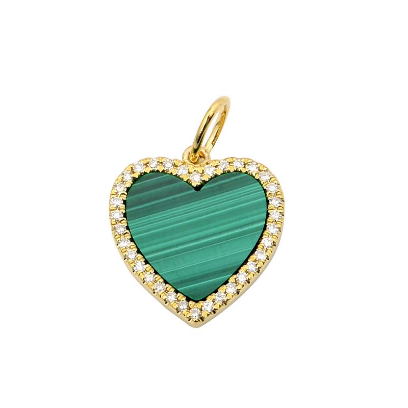 14K Yellow Gold Malachite Diamond Heart Bracelet Charm Medium