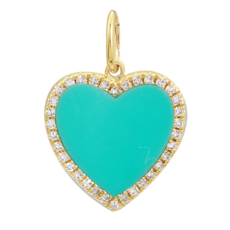 14K Yellow Gold Turquoise Diamond Medium Heart Charm
