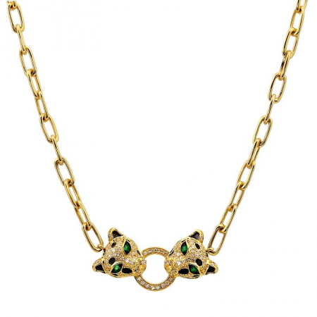 14K Gold Diamond Panther Link Chain Necklace Emerald Eye