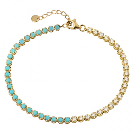 14K Yellow Gold Half Turquoise & Diamond Tennis Bracelet