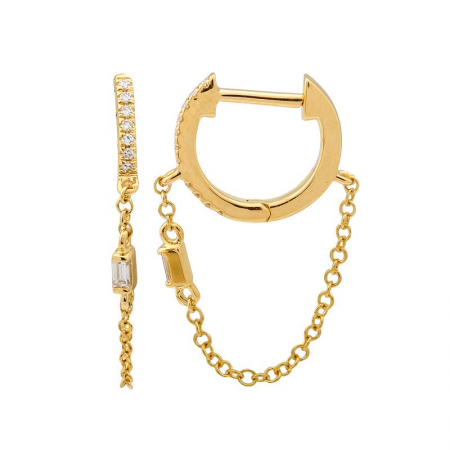 14k Yellow Gold Diamond Chain Huggie Earrings