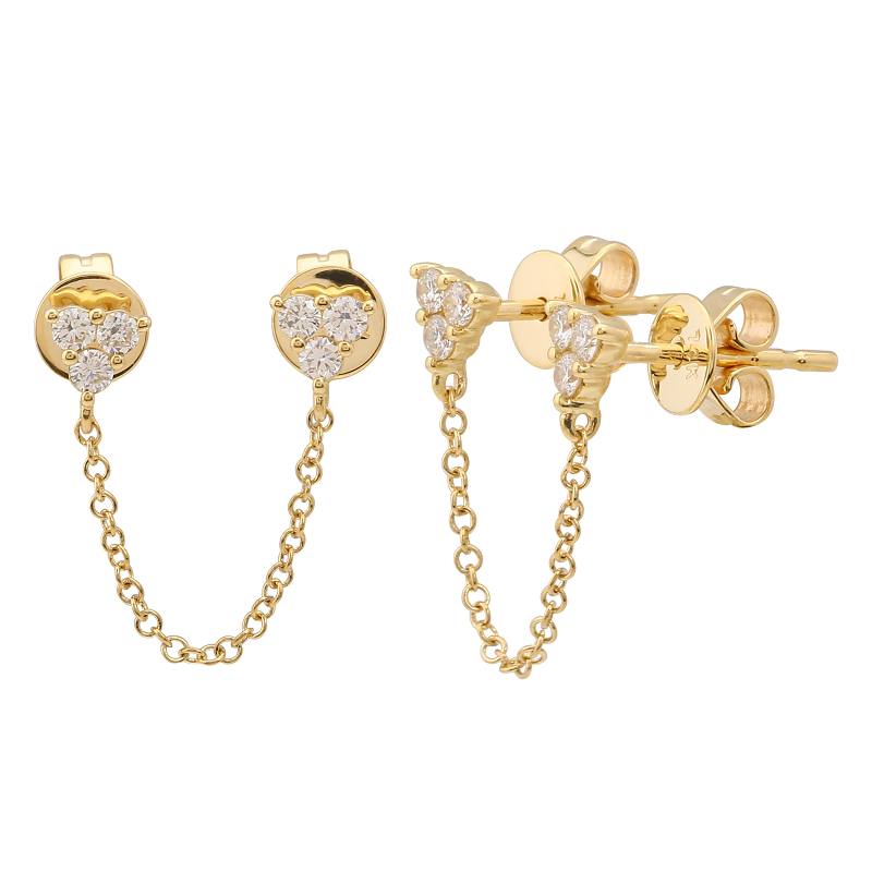 14K Yellow Gold Triple Diamond Two Hole Stud Earrings (Sold As Single)