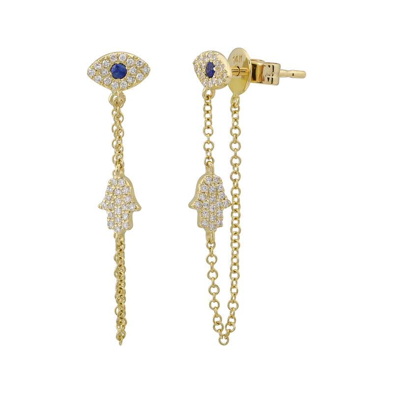 14K Yellow Gold Evil Eye and Hamsa Studs