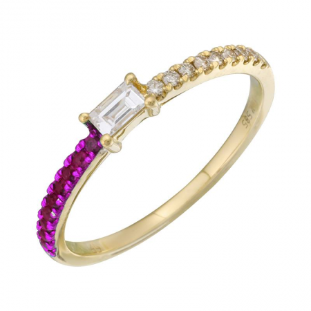 14K Yellow Gold Half Pink Sapphire & Half Diamond With Baguette Ring
