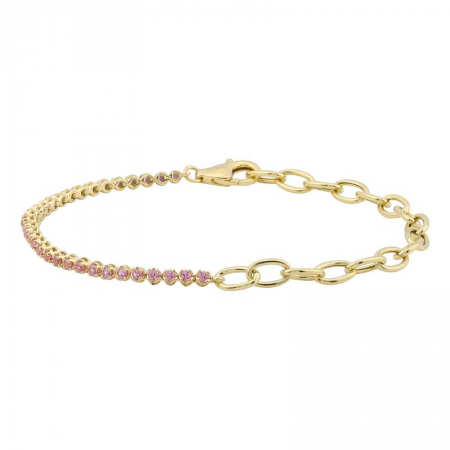 14K Yellow Gold Half Link Chain & Half Pink Sapphire Tennis Bracelet
