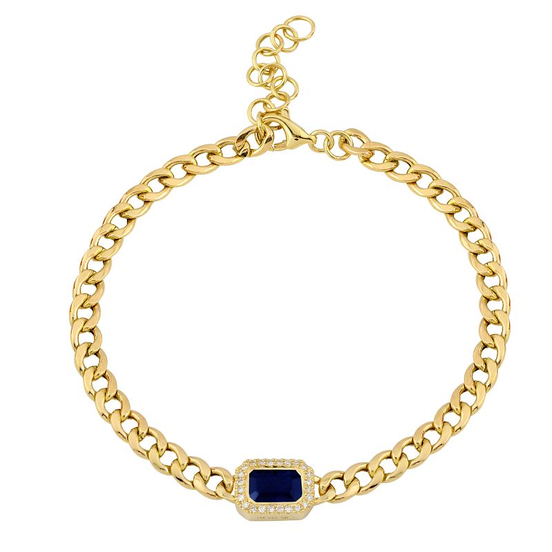 14k Yellow Gold Emerald Cut Sapphire Cuban Link Chain Bracelet