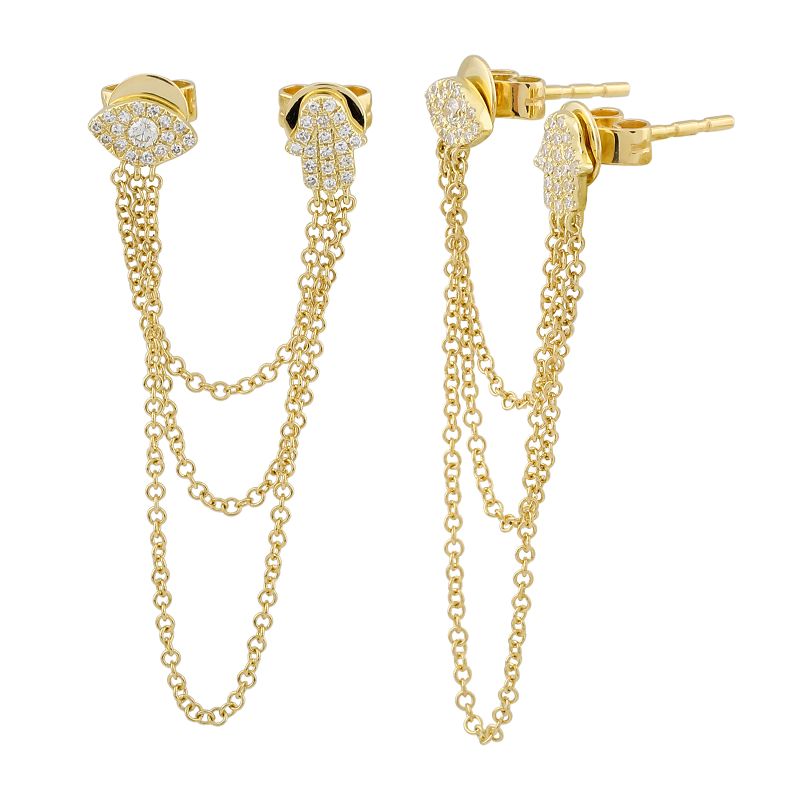 14K Yellow Gold Evil Eye and Hamsa Double Studs (Sold As Single)