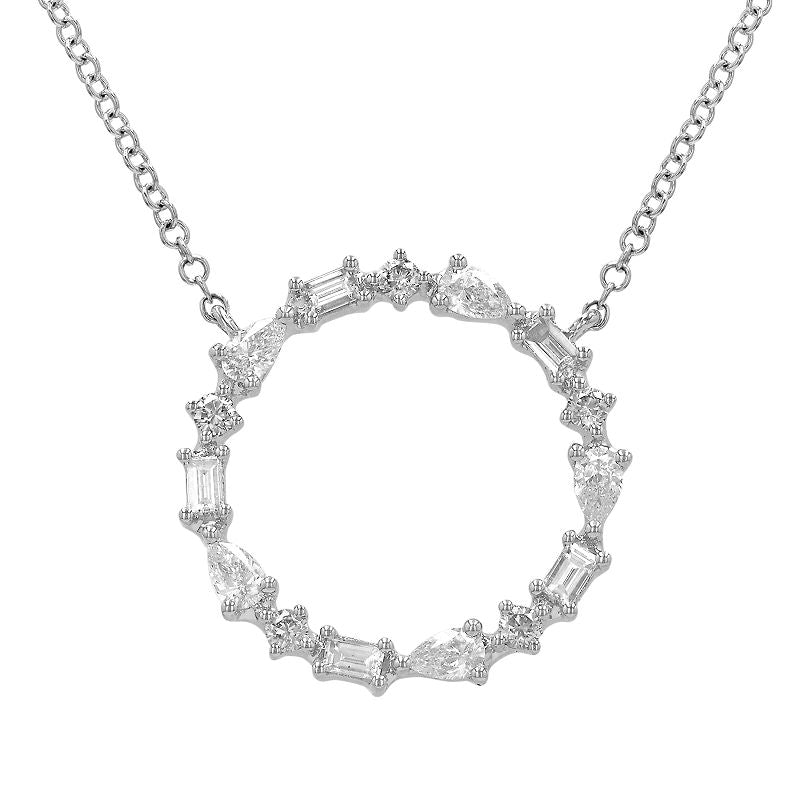 14k White Gold Open Circle Multi Shaped Diamond Necklace