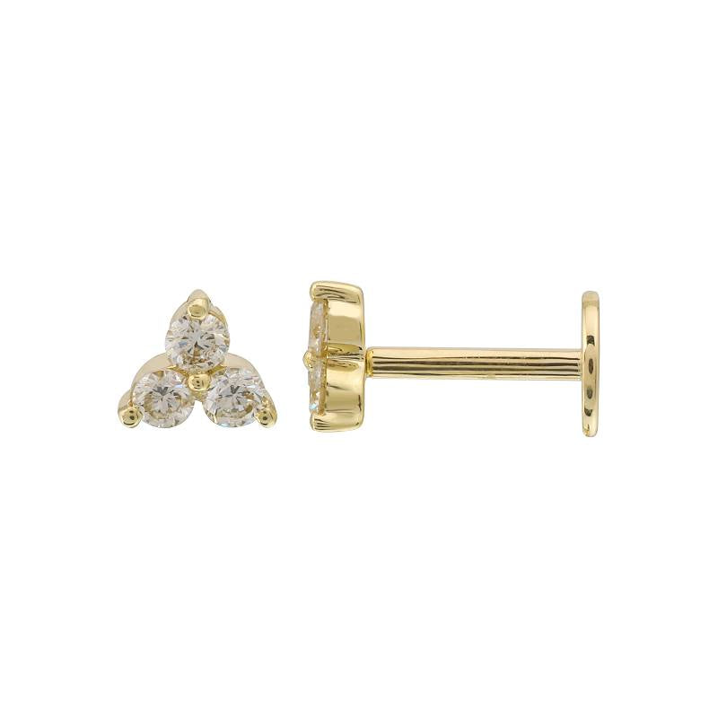 14K Yellow Gold Triple Diamond Flat Back Stud (Second Hole/ Sold As Single)