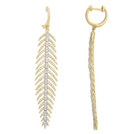14K Yellow Gold and Diamond Hanging Feather Earrings